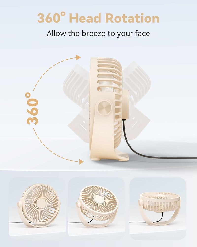 Edvision USB Desk Fan, 5 Inch Mini Portable, 3 Speeds Strong Airflow Personal Desktop, Detachable Cooling Fan 360° Rotation Quiet Small Fan for Desk Home Office Travel Car, Beige, 5ft Cable - Image 3